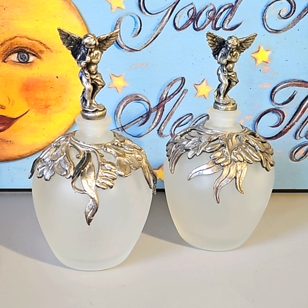 2 Vintage 1980s angels fragrance containers, satin glass, metal angels figurine